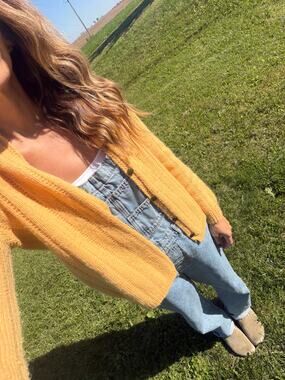 Vintage Yellow Textured Knit Cardigan Sweater Buttons Cottagecore 90s